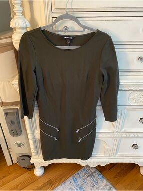Express Olive Green Long Sleeve Sheath Dress with Hip Zippers